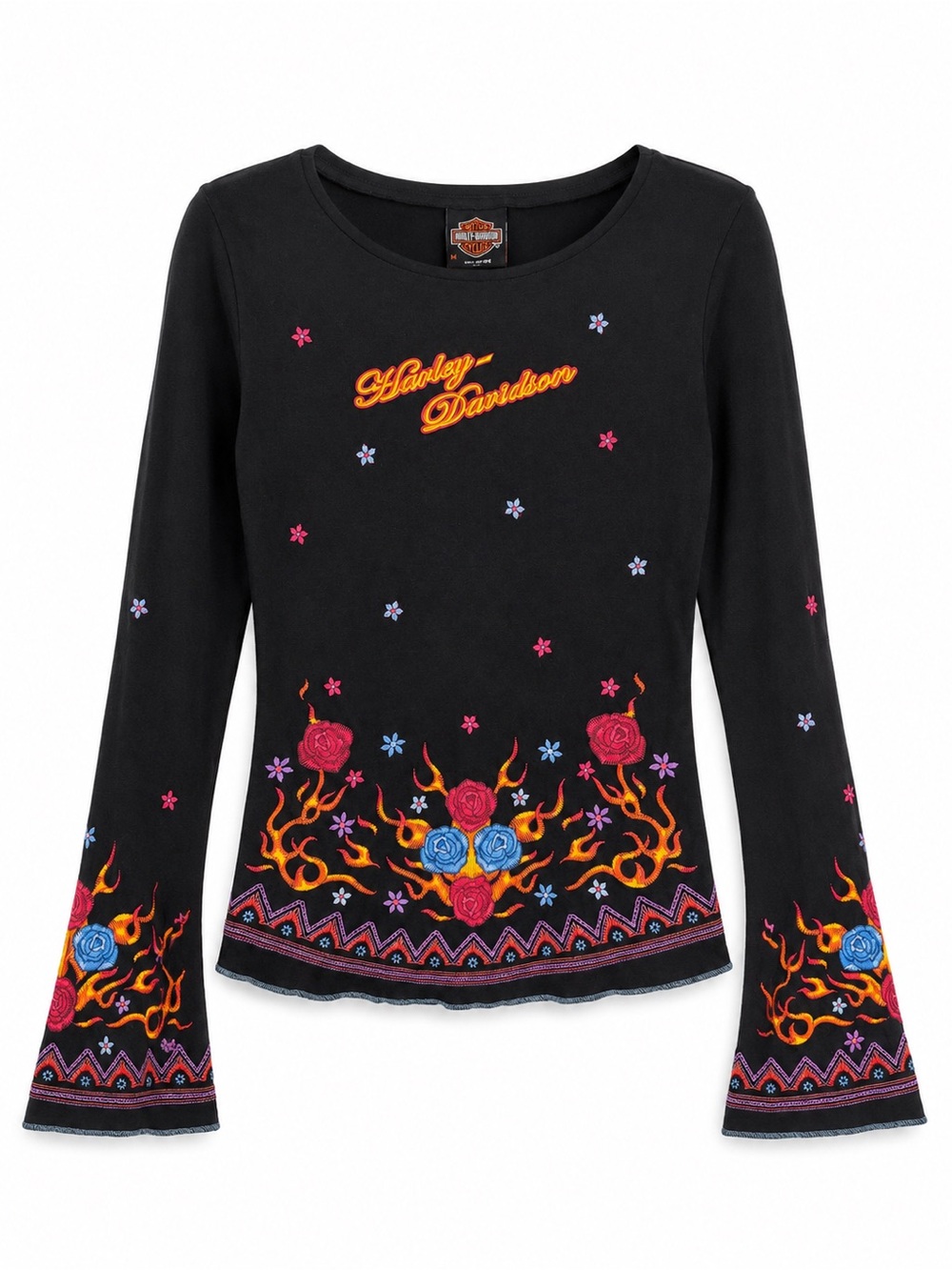 Vintage Harley-Davidson Floral Flame Embroidered Bell Sleeve Top Black M Y2K